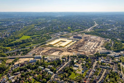 Aerial view, new construction DHL logistics parcel centre, former Opel site, former Opel