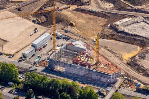 Aerial view, construction site former Opel site, Hans-Dobbertin-Straße, Laer, Bochum, Ruhr area,