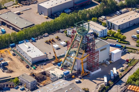 Aerial view, former Robert Müser colliery, winding tower, Werne, Bochum, Ruhr area, North
