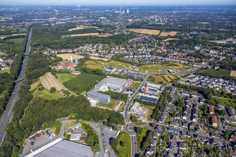 Aerial view, industrial park Hiltrop, Bochum, Ruhr area, North Rhine-Westphalia, Germany, DE,