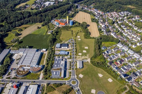 Aerial view, industrial park Hiltrop, Bochum, Ruhr area, North Rhine-Westphalia, Germany, DE,