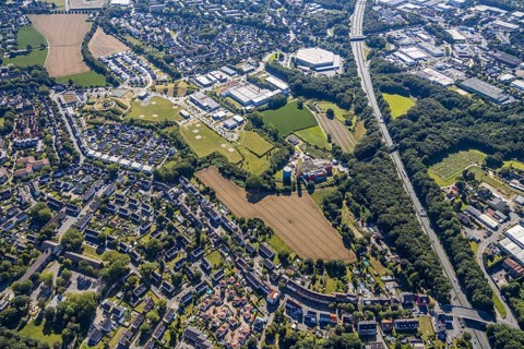 Aerial view, industrial park Hiltrop, Bochum, Ruhr area, North Rhine-Westphalia, Germany, DE,