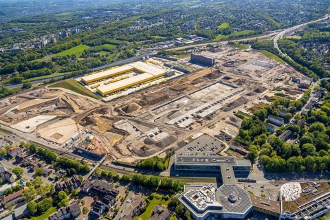 Aerial view, new construction DHL logistics parcel centre, former Opel site, former Opel