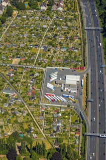 Aerial view, Shell petrol station, Vietingstraße, truck parking, motorway A40, allotment garden