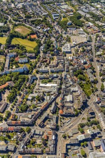 Aerial view, city centre view, pedestrian street Oststraße, Hochstraße, Friedenskirche, sports