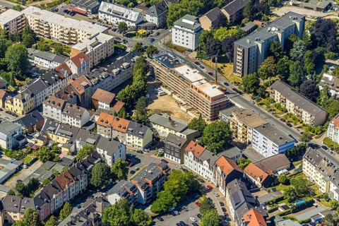 Aerial view, construction site, new building, residential complex Marienstraße,