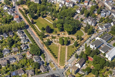 Aerial view, renovation of the park at the memorial, Bochum-Wattenscheid, Ruhr area, North