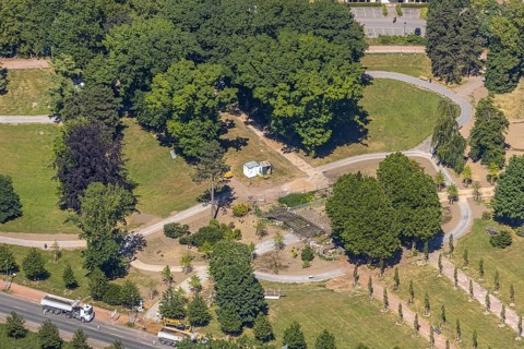 Aerial view, renovation of the park at the memorial, Bochum-Wattenscheid, Ruhr area, North