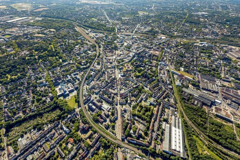 Aerial view, overview Bochum city centre from north to south with central station, mining museum,