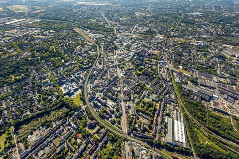 Aerial view, overview Bochum city centre from north to south with central station, mining museum,