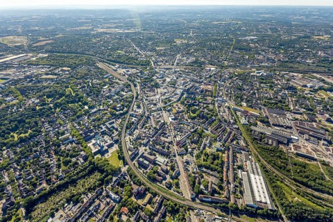 Aerial view, overview Bochum city centre from north to south with central station, mining museum,