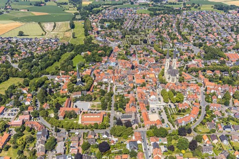 Aerial view, Cathedral of St. Ludgerus Billerbeck, parish church of St. Johann, town centre,