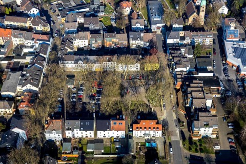 Aerial view, Gether Markt, rope disc Lothringen colliery, Gerthe, Bochum, Ruhr area, North