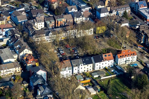 Aerial view, Gether Markt, rope disc Lothringen colliery, Gerthe, Bochum, Ruhr area, North