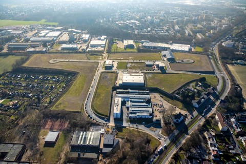 Aerial view, construction site, new building, industrial estate Gewerbepark Gerthe Süd, An der