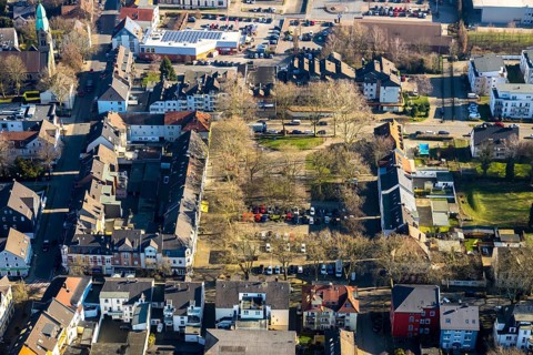 Aerial view, Gether Markt, rope disc Lothringen colliery, Gerthe, Bochum, Ruhr area, North
