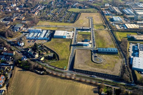 Aerial view, construction site, new building, industrial estate Gewerbepark Gerthe Süd, An der