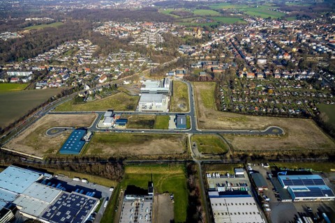 Aerial view, construction site, new building, industrial estate Gewerbepark Gerthe Süd, An der