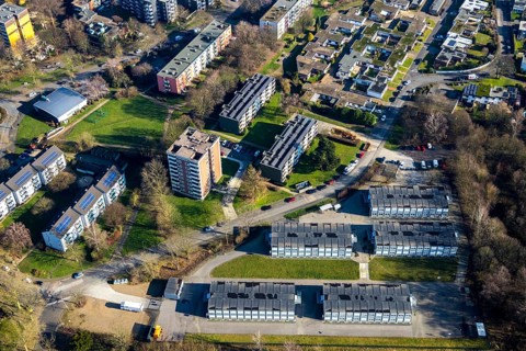 Aerial view, refugee accommodation Am Nordbad, Bochum, Ruhr area, North Rhine-Westphalia, Germany,