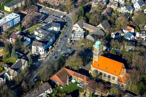 Aerial view, Church of the Redeemer Bochum-Hiltrop, Protestant Kindergarten at the Hiltrop Church,