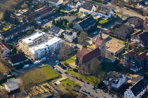 Aerial view, construction site, new residential complex Kattenstraße, for assisted living, Sankt