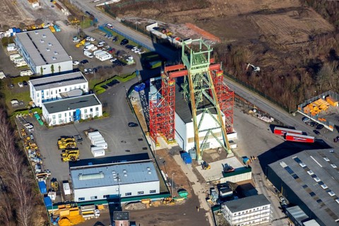 Aerial photograph, former Robert Müser colliery, restoration of winding tower, Werne, Bochum, Ruhr