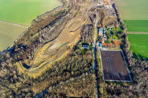 Aerial view, construction site Harpener Bach, football ground SC Werne 02 e.V. - Platz Amalia,
