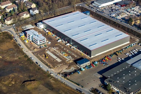 Aerial view, construction site new building BROCK Kehrtechnik GmbH, company headquarters,