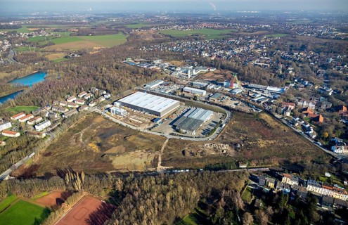 Aerial view, construction site new building BROCK Kehrtechnik GmbH, company headquarters,