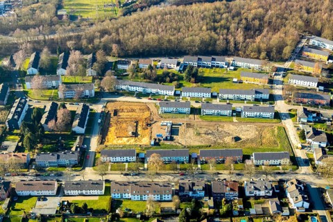 Aerial view, construction site, new build, new build flats Im Nörenberger Feld, Werne, Bochum, Ruhr