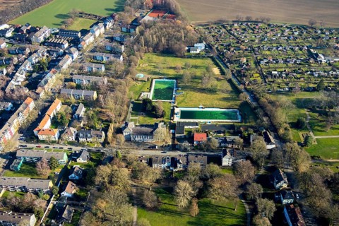 Aerial view, outdoor swimming pool Werne, Bramheide, Werne, Bochum, Ruhr area, North
