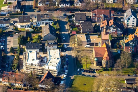 Aerial view, construction site, new residential complex Kattenstraße, for assisted living, Sankt