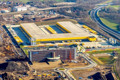 Aerial view, MARK 51Â°7 industrial estate, new construction DHL logistics parcel centre, former