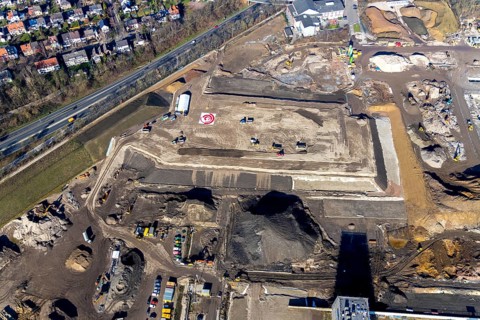 Aerial view, MARK 51Â°7 industrial estate, construction site former Opel site, Laer, Bochum, Ruhr