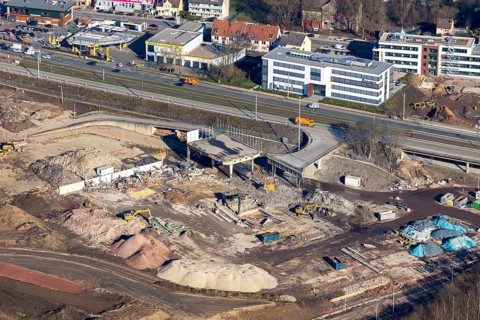 Aerial view, MARK 51Â°7 industrial estate, construction site former Opel site, Laer, Bochum, Ruhr