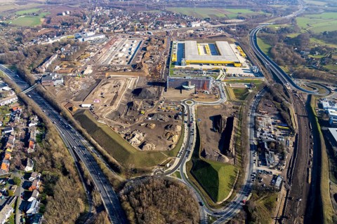 Aerial view, MARK 51Â°7 industrial estate, new construction DHL logistics parcel centre, former