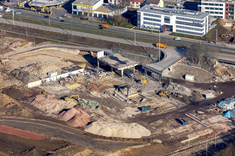 Aerial view, MARK 51Â°7 industrial estate, construction site former Opel site, Laer, Bochum, Ruhr