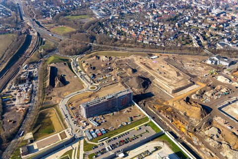 Aerial view, MARK 51Â°7 industrial estate, former Opel site with old administration building, Laer,