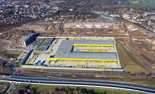 Aerial view, MARK 51Â°7 industrial estate, new construction DHL logistics parcel centre, former
