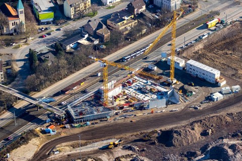 Aerial view, MARK 51Â°7 industrial estate, construction site former Opel site, Laer, Bochum, Ruhr