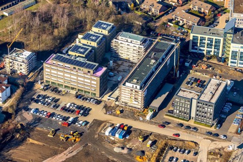Aerial view, construction site and new building, residential area Seven Stones, Universitätsstraße,