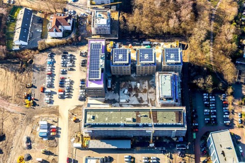 Aerial view, construction site and new building, residential area Seven Stones, Universitätsstraße,