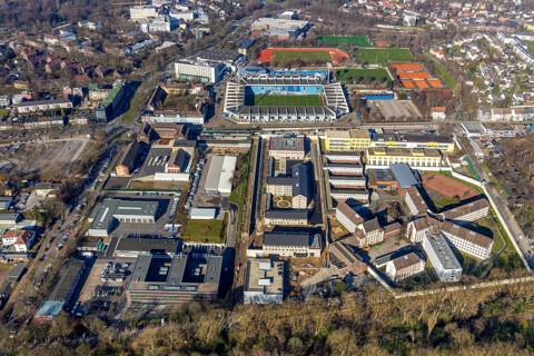 Aerial view, Vonovia Ruhrstadion, Bochum Krümmede prison, Grumme, Bochum, Ruhr area, North