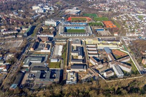 Aerial view, Vonovia Ruhrstadion, Bochum Krümmede prison, Grumme, Bochum, Ruhr area, North
