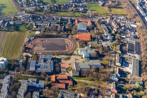 Aerial view, sports centre Westenfeld, construction site sports field, primary school Westenfeld,