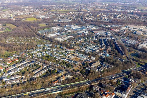Aerial view, overview Bochum North, industrial area, liquid settlement, construction area