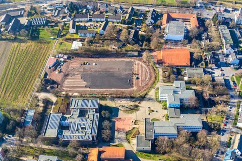 Aerial view, sports centre Westenfeld, construction site sports field, primary school Westenfeld,