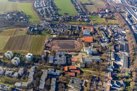 Aerial view, sports centre Westenfeld, construction site sports field, primary school Westenfeld,