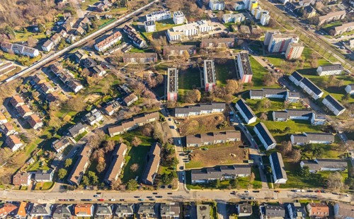 Aerial view, residential area and construction area Lohackerstrasse, Westenfeld, Bochum, Ruhr area,
