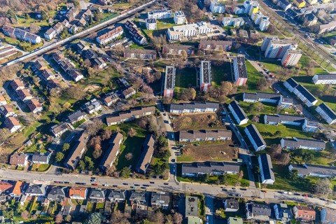Aerial view, residential area and construction area Lohackerstrasse, Westenfeld, Bochum, Ruhr area,